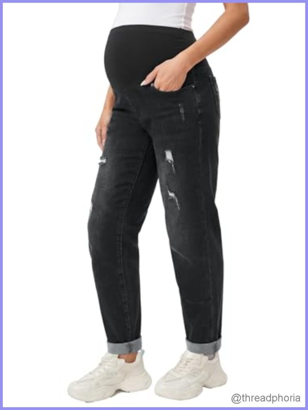 Over Belly Maternity Jeans Cotton Blend Stretchy Ripped Denim Roll Hem